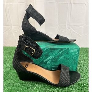 UGG SZ 7 Char Black Leather Wedge Sandals Shoes w Ankle Cuff & Rear Zipper